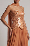 Bronzer pailletten Chiffon strapless kralenlange enkeljurk met drapering en drapering