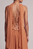 Bronzer pailletten Chiffon strapless kralenlange enkeljurk met drapering en drapering