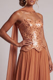 Bronzer pailletten Chiffon strapless kralenlange enkeljurk met drapering en drapering