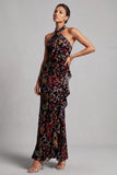 Zwarte halter hals fluwelen bloemen lange schede Mother of the Bride jurk met ruches aan de zijkant