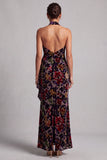 Zwarte halter hals fluwelen bloemen lange schede Mother of the Bride jurk met ruches aan de zijkant