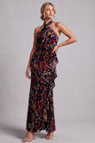 Zwarte halter hals fluwelen bloemen lange schede Mother of the Bride jurk met ruches aan de zijkant