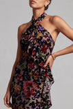 Zwarte halter hals fluwelen bloemen lange schede Mother of the Bride jurk met ruches aan de zijkant