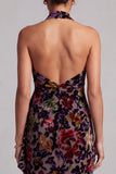 Zwarte halter hals fluwelen bloemen lange schede Mother of the Bride jurk met ruches aan de zijkant