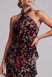 Zwarte halter hals fluwelen bloemen lange schede Mother of the Bride jurk met ruches aan de zijkant