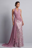Wisteria Chiffon halter hals pailletten gerimpelde zeemeermin sweep sleep Mother of the Bride jurk met drapering