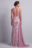 Wisteria Chiffon halter hals pailletten gerimpelde zeemeermin sweep sleep Mother of the Bride jurk met drapering