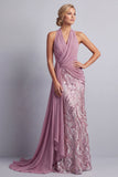 Wisteria Chiffon halter hals pailletten gerimpelde zeemeermin sweep sleep Mother of the Bride jurk met drapering