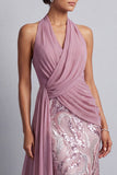 Wisteria Chiffon halter hals pailletten gerimpelde zeemeermin sweep sleep Mother of the Bride jurk met drapering