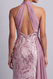 Wisteria Chiffon halter hals pailletten gerimpelde zeemeermin sweep sleep Mother of the Bride jurk met drapering