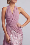 Wisteria Chiffon halter hals pailletten gerimpelde zeemeermin sweep sleep Mother of the Bride jurk met drapering
