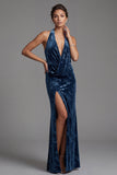 Donkerblauwe fluwelen halterhals met gerimpelde Jacquard Lange Mother of the Bride jurk met zijsplit