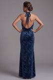 Donkerblauwe fluwelen halterhals met gerimpelde Jacquard Lange Mother of the Bride jurk met zijsplit