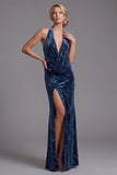 Donkerblauwe fluwelen halterhals met gerimpelde Jacquard Lange Mother of the Bride jurk met zijsplit