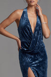 Donkerblauwe fluwelen halterhals met gerimpelde Jacquard Lange Mother of the Bride jurk met zijsplit