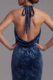 Donkerblauwe fluwelen halterhals met gerimpelde Jacquard Lange Mother of the Bride jurk met zijsplit