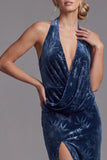 Donkerblauwe fluwelen halterhals met gerimpelde Jacquard Lange Mother of the Bride jurk met zijsplit