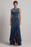 Donkerblauwe bateauhals fluwelen jacquard asymmetrische moeder van de bruid jurk met ruchesplit