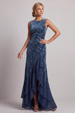 Donkerblauwe bateauhals fluwelen jacquard asymmetrische moeder van de bruid jurk met ruchesplit