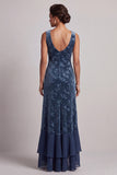 Donkerblauwe bateauhals fluwelen jacquard asymmetrische moeder van de bruid jurk met ruchesplit