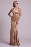 Champagnefluweel halter hals zeemeermin Lange moeder van de bruid jurk met drapering