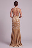 Champagnefluweel halter hals zeemeermin Lange moeder van de bruid jurk met drapering