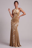 Champagnefluweel halter hals zeemeermin Lange moeder van de bruid jurk met drapering