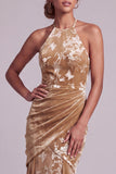Champagnefluweel halter hals zeemeermin Lange moeder van de bruid jurk met drapering