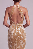 Champagnefluweel halter hals zeemeermin Lange moeder van de bruid jurk met drapering