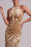 Champagnefluweel halter hals zeemeermin Lange moeder van de bruid jurk met drapering