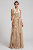 Champagnefluweel halter hals jacquard gerimpeld lange moeder van de bruid jurk met sjerp