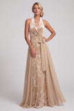 Champagnefluweel halter hals jacquard gerimpeld lange moeder van de bruid jurk met sjerp
