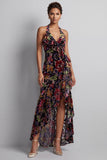 Zwarte fluwelen bloemen halter hals hoog laag asymmetrisch A-lijn moeder van de bruid jurk met ruches met zijsplits