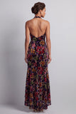 Zwarte fluwelen bloemen halter hals hoog laag asymmetrisch A-lijn moeder van de bruid jurk met ruches met zijsplits