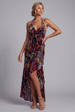 Zwarte fluwelen bloemen halter hals hoog laag asymmetrisch A-lijn moeder van de bruid jurk met ruches met zijsplits
