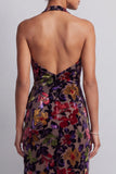 Zwarte fluwelen bloemen halter hals hoog laag asymmetrisch A-lijn moeder van de bruid jurk met ruches met zijsplits