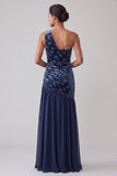 Marineblauwe fluweel Eén schouder asymmetrische chiffon zeemeermin met gerimpelde moeder van de bruid jurk