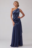 Marineblauwe fluweel Eén schouder asymmetrische chiffon zeemeermin met gerimpelde moeder van de bruid jurk