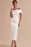 Off-the-shoulder witte schedeparels midi verlovingsjurk