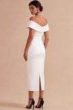Off-the-shoulder witte schedeparels midi verlovingsjurk