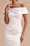 Off-the-shoulder witte schedeparels midi verlovingsjurk