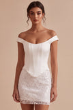 Off-the-shoulder bloemenkant bodycon mini kleine witte jurk