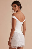 Off-the-shoulder bloemenkant bodycon mini kleine witte jurk