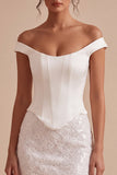 Off-the-shoulder bloemenkant bodycon mini kleine witte jurk