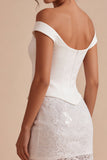 Off-the-shoulder bloemenkant bodycon mini kleine witte jurk