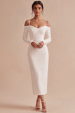 Witte sheath lange mouwen Cold Shoulder midi verlovingsjurk