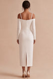 Witte sheath lange mouwen Cold Shoulder midi verlovingsjurk