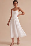 Strapless witte gerimpelde A-lijn midi verlovingsjurk