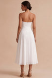 Strapless witte gerimpelde A-lijn midi verlovingsjurk