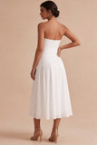 Strapless witte gerimpelde A-lijn midi verlovingsjurk